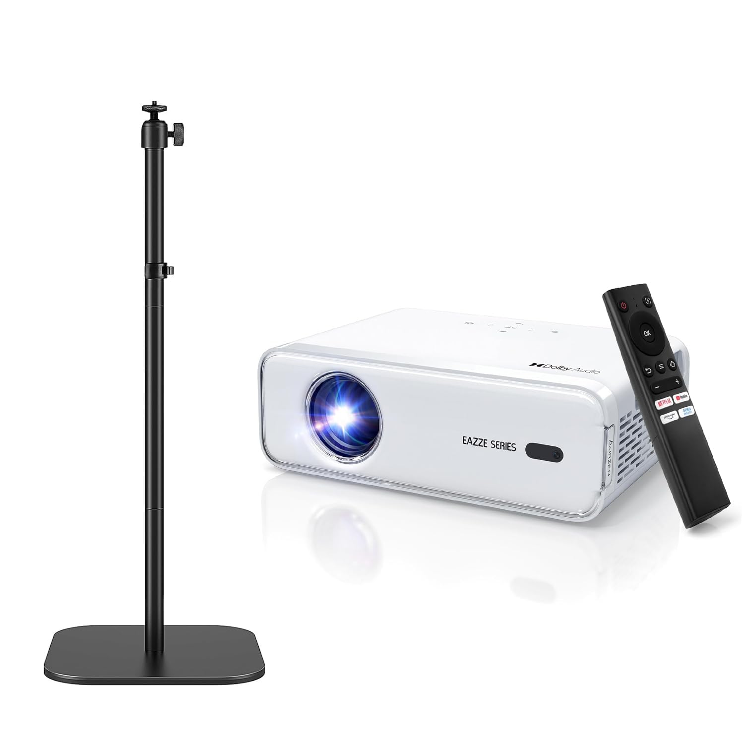 AurzenEAZZE D1 Smart Projector with 360° rotatable 15.75"-47.24" Height Adjustable Floor Stand, DoIby Audio & 36W Speakers, Auto Focus & Keystone, NetfIix Official 350 ANSI movie projector