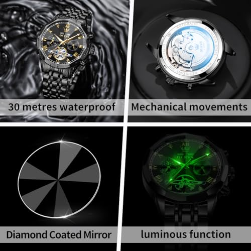 Image of OLEVS Men Automatic Watch Diamond Skeleton Mechanical Luxury Self Winding Moon Phase Calendar Waterproof Wrist Watch for Men
