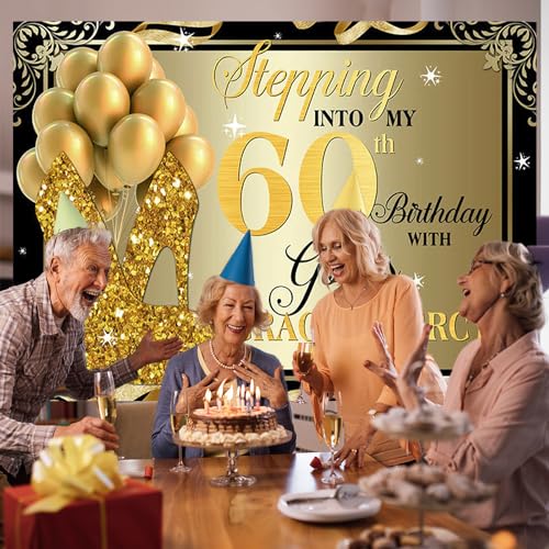 7x5Ft 60th Birthday Backdrop for Women Black Gold Sequins High Heels Balloons Birthday Backdrop Photography Background for Women Happy Birthday Backdrop for Photo Studio