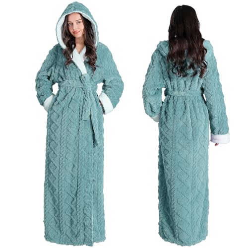 Image of Oksun Womens Long Dressing Gown Robe Full Length Ladies Fluffy Plus Size Fleece Hooded Winter Warm Bathrobe (Green, L)