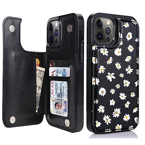 Image of uCOLOR for iPhone 12 /12 Pro Wallet Case with Card Holde Black Daisy Floral | PU Leather RFID Blocking for Women Men Magnetic Clasp Kickstand 6.1 inch