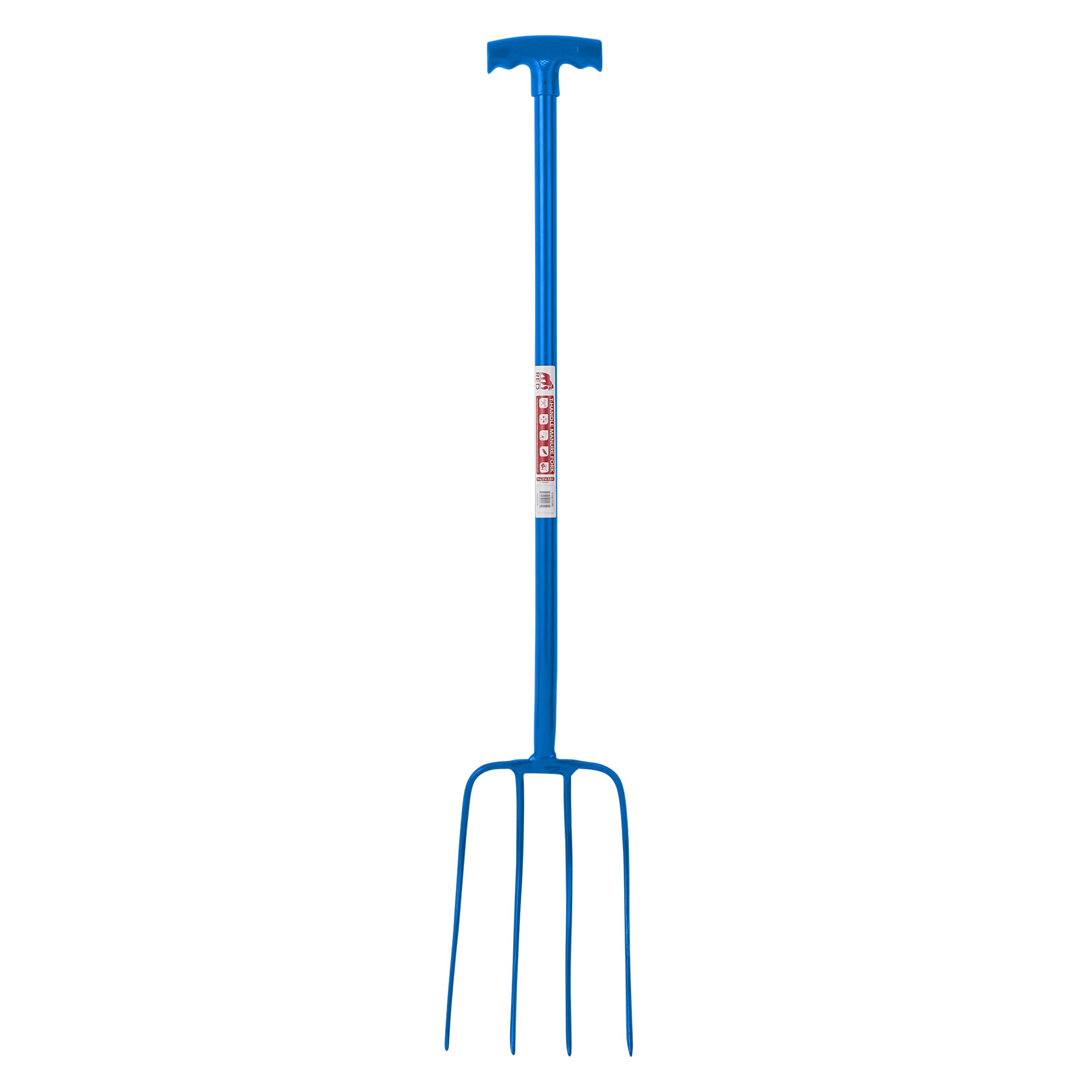 Red Gorilla 4 Prong Manure Fork with T Handle Blue Lightweight For Stable Bedding Mucking Out Metal Pitchfork for Hay and Garden Compost 114cm Long