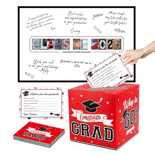 Image of DAZONGE Graduation Decorations 2025 Red - 1 Graduation Card Box with 30 Advice Cards and 1 Guestbook Signature Board for Graduation Party Decorations, Congrats Grad Class of 2025 Decorations