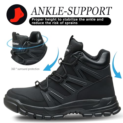 COOU Sicherheitsstiefel Herren Damen Hoch Arbeitsschuhe mit Stahlkappe Sicherheitsschuhe Leicht Sportlich Arbeitsstiefel rutschfest Schwarz 42