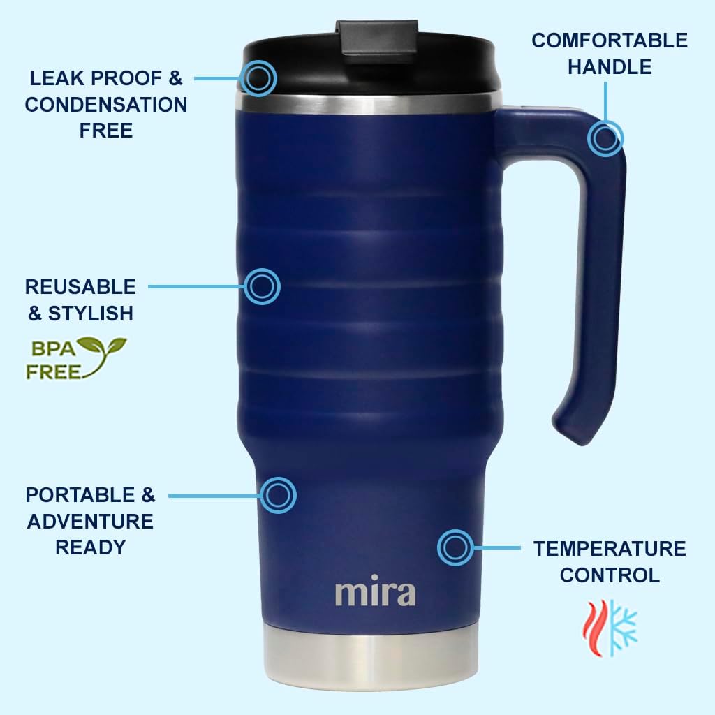 MIRA 24 oz Insulated Travel Mug - Stainless Steel Coffee Cup with Spill-Proof Flip Lid & Handle - Hot/Cold Car Tumbler - Marine - Image 2