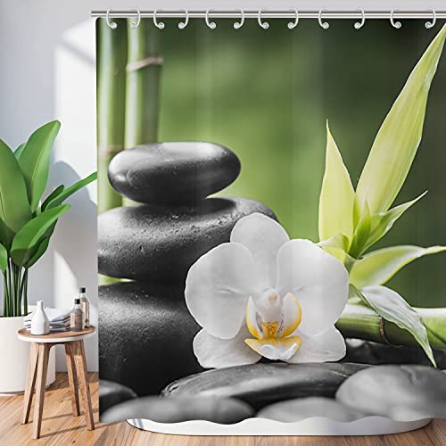 Hnmdmyi Rideau de Douche Zen Jardin 180x200, Spa Bambou Vert Pierre Noire Fleur Blanche Méditation Japonaise Détente Tissu étanche Lavable Rideau de Bain...