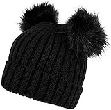 Fashion 21 Women's Winter Trendy Warm Knit Beanie Hat with Pom Pom Ears (3 Colors Available) (Black)