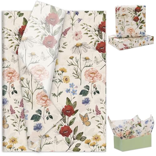 60 Sheets Flower Tissue Paper Gift Wrapping Paper Vintage Wildflower Floral Butterfly DIY Art Crafts Tissue for Wedding Birthday Baby Shower, 14 x 20 Inch