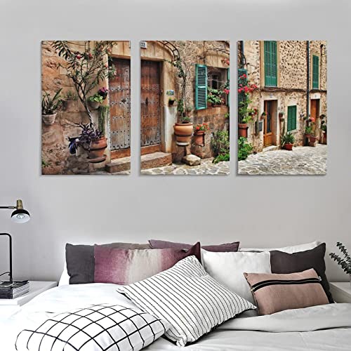 Tuscany Wall Art Street Old Mediterranean Town Floral Door Window Painting Canvas Architectural Pict Canvas Painting Wall Art Poster For Bedroom Living Room Decor 24X36Inch(60X90Cm) Frame-Style #TOP3