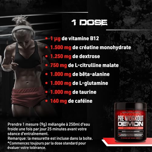 Pre Workout Demon - Complément puissant pré-entrainement avec créatine, caféine, bêta-alanine et glutamine (Fruits Rouges, 360g) – Image 4
