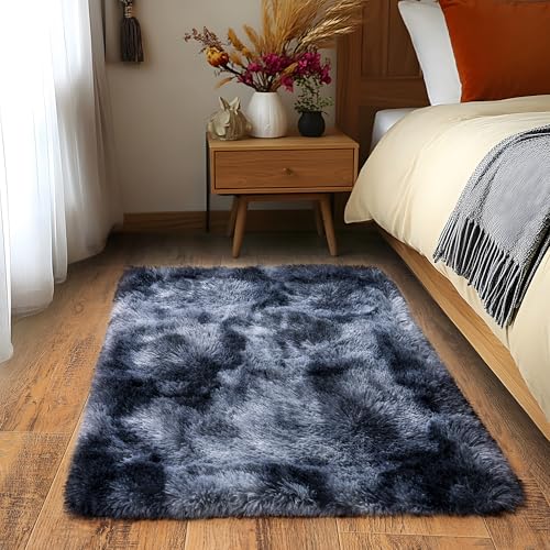 Small Area Rug, 2x3 Rug for Bedroom Shaggy Throw Rugs for Dorm Rug, Soft Tie Dyed Carpet for Kids Room, Plush Non-Slip Fluffy Bedside Rug for Home Decor Aesthetic, Blue Grey