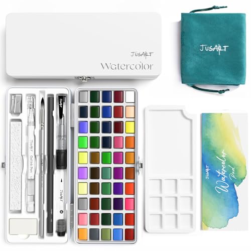 JusArt 50 Colors Watercolor Paint Set,Art Supplies with Metallic Color, Detail Painting Brushes, Water Brush Pens, Portable Travel Watercolor Painting Set for Adult, Artists, Professionals