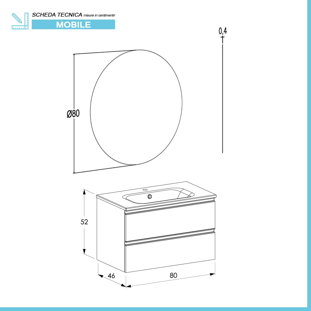 Inbagno Mobile bagno moderno sospeso 80 cm, serie Master 2 cassetti, completo di lavabo e specchio Garanzia 5 anni (Rovere Miele)