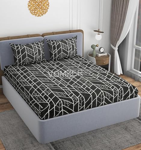 Image of VOMZER Premium 320 TC Fitted Bed Sheet with Full Elastic - Deep Pocket Design - Wrinkle Resistant Fitted Bedsheet Double King 72x78 Black Lines