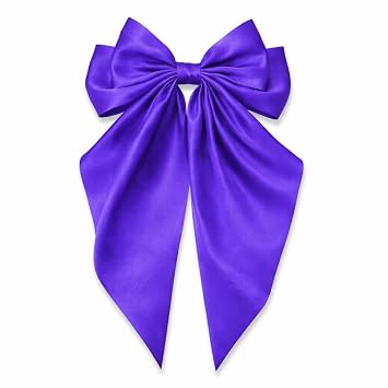Dark Purple Oversized Satin Hair Bow Clip with Long Tails for Women | Big satin hair bow clip for women; long tail French barrette for ponytail, half-up hair, coquette and daily outfits.