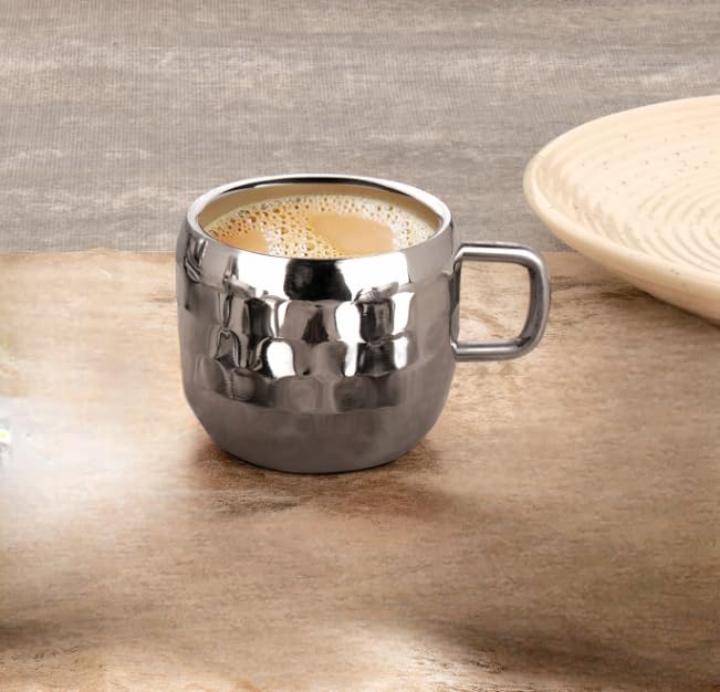 Image of Stainless Steel Hammered Tea Coffee Cup Set of 6 (90 ml) | Mirror Finish Chai Cups | Small Steel Tea and Coffee Mugs | Double wall Drinkware for Home Cafe | Steel Tea & Coffee Cup Set