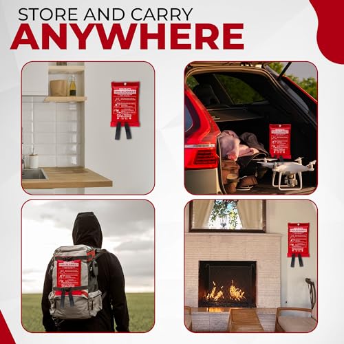 Image of [Pack of 2] Fire Blanket w / 2 Hooks -Reusable, Flame-Retardant, Tear-Resistant Safety Cover -Capable of withstanding Upto 1076F (580C) - Heavy-Duty fire Blankets Emergency for Home,Car - Outdoor