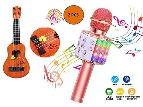 houseware MICROFONO Inalámbrico Karaoke Bluetooth, 4 en1 Portátil con Luces LED Niños/niñas Compatible Android/iOS PC, AUX o Telefono - Ukelele de Madera