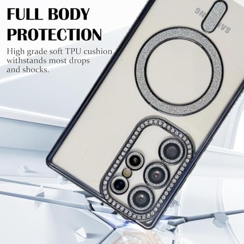 Image of for Samsung Galaxy Glitter Case,Luxury Bling Rhinestone Diamond Plated Bumper Case,MagSafe, Sparkle Camera Lens Protection Clear Back Cover (Black, for Samsung Galaxy S24 Ultra)