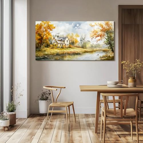 SERIMINO Autumn Nature Landscape Wall Art, Riverside Cottage Scenic Large Artwork, Rustic Farmhouse Oversized Wall Prints, Pastoral Canvas Paintings Wall Decor Living Room Bedroom Dining Room 30"X60"