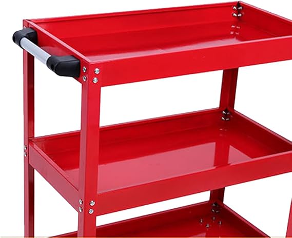 Red Tool Trolley Tools Storage Cart, 3 Tiers Heavy Duty Workshop Garage Trolleys with Four Casters, Mechanics Tool Storage Service Carts w/Pushing Handle