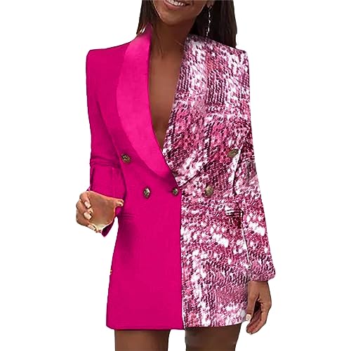 L9WEI Vestido blazerkleid para mujer, a la moda, dos colores, patchwork, vestido de negocios, elegante, con solapa, lentejuelas, vestido de oficina, con botones, manga larga, vestido de negocios,