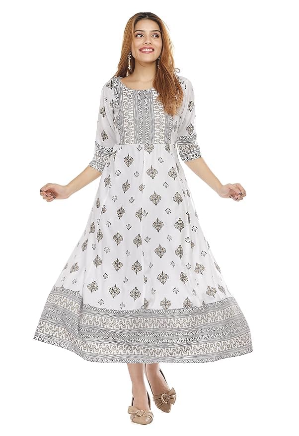 Robe Anarkali pour femmes avec imprimé floral blanc gris et manches 3/4