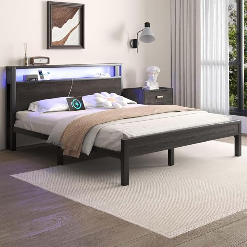 Image of LOEWAY Queen Size Bed Frame with Storage Headboard and LED Lights, Industrial Platform Bed with Charging Station, Heavy Duty Metal Slats, No Box Spring Need, Noise Free, Grey