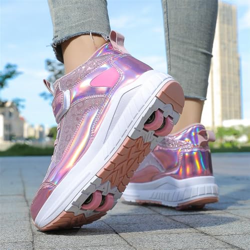 2024 Fashion Roller Skates Shoes for Girls High-Top, Pink Four-Wheel Skates Sneakers with Retractable Double Wheels, Perfect for Fitness and Cross-Training4