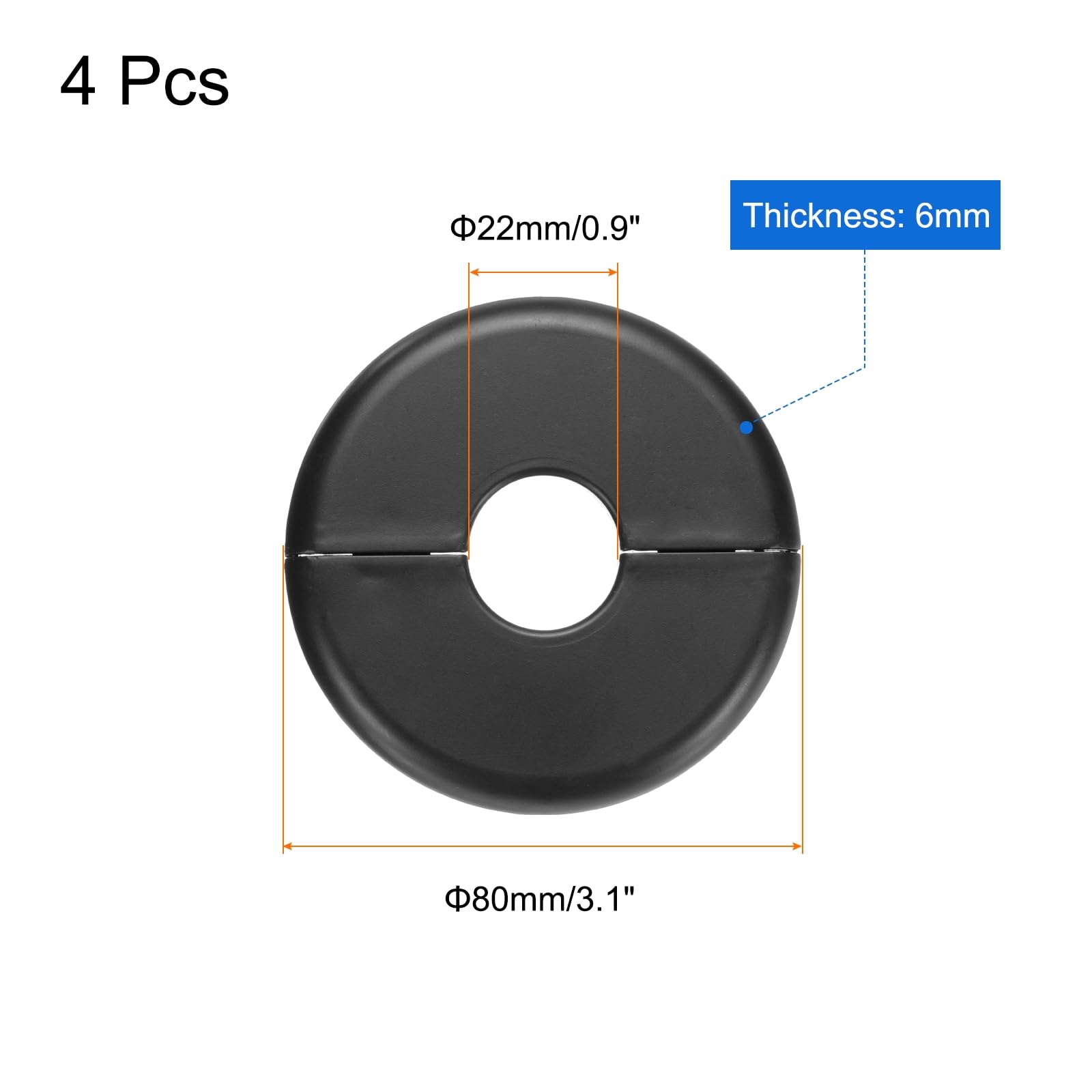 QUARKZMAN 4 szt. Kołnierz dzielony na ścianę 80 mm / 3,1 cala OD Płyta Powłoka Abs okrągła samoprzylepna do pokrycia rur wodnych 22 mm / 0,9" Dia Akcesoria do dekoracji kranów, czarny