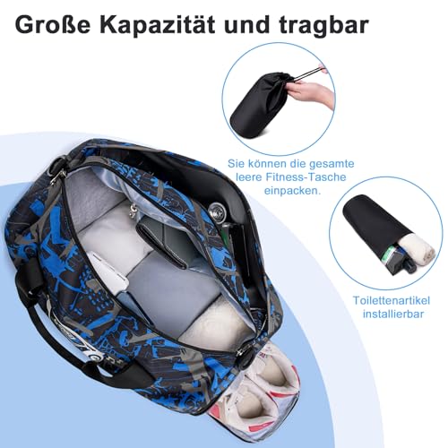 Sporttasche Kinder Schwimmtasche Jungen Damen mit Schuhfach und Nassfach Badetasche Teenager Kleine Reisetasche Fitnesstasche (Prinz Graffiti Blau)