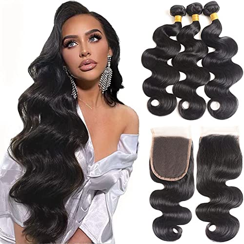 Vallbest Lot de 3 trames de cheveux humains brésiliens ondulés avec fermeture (10, 12, 14 + 10), cheveux ondulés et humides avec fermeture frontale en dentelle de 10 x 10 cm, partie libre, couleur