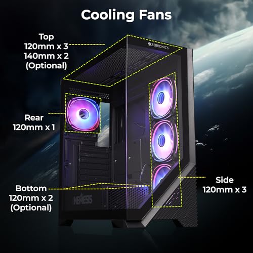 Image of ZEBRONICS Nemesis Premium Gaming Cabinet /Case, Mid-Tower, Supports ATX | mATX, 4X Center Infinity ARGB Fans, AIO Upto 360mm, LED Control Switch, Front + Side Tempered Glass, USB 3.0 (Black)