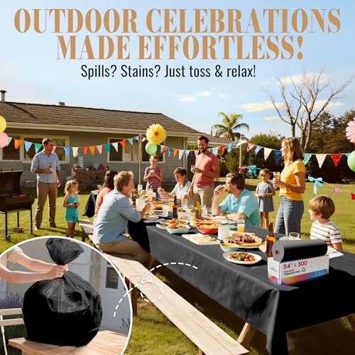 Image of 600FT X 54IN Plastic Table Cloth Disposable, Black Table Cover Roll