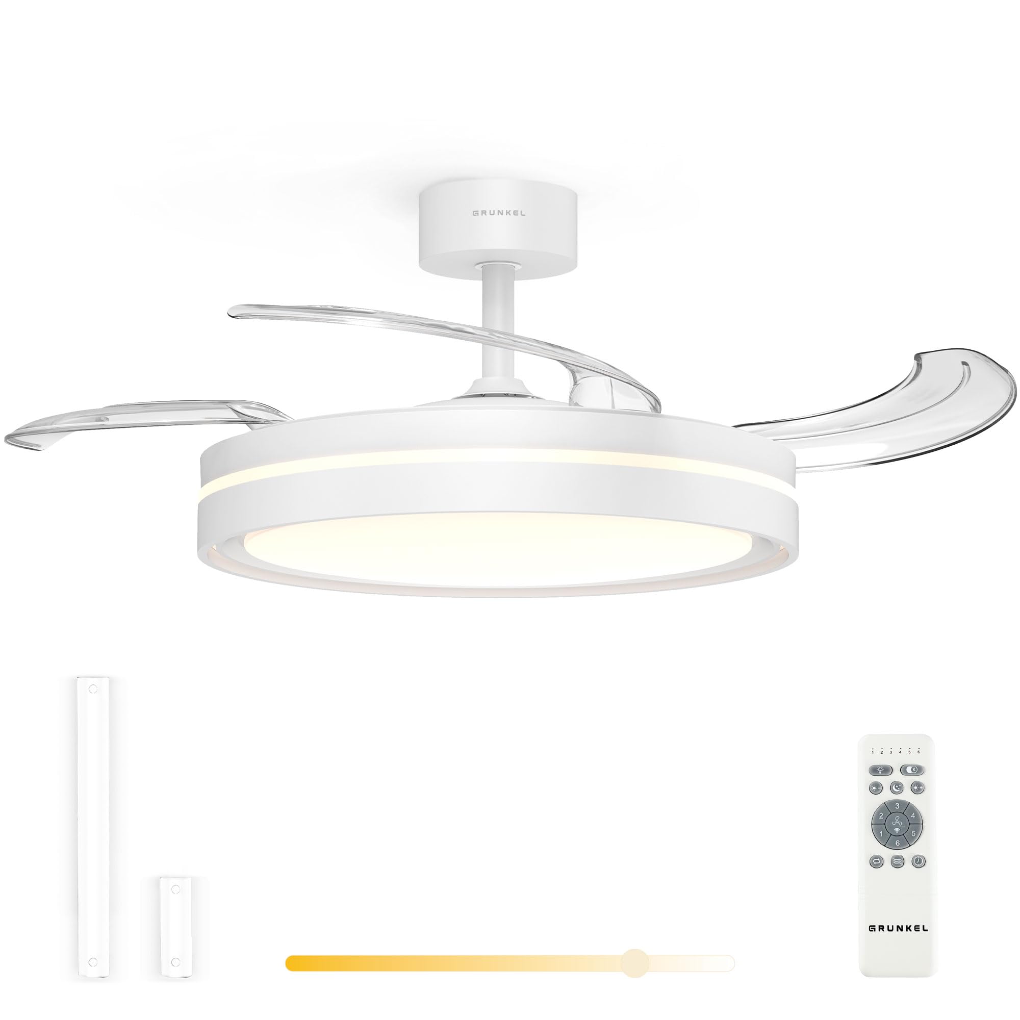 Grunkel SKYWHITE42 Ventilador de Techo 42” | Motor DC 30W | Aspas Retráctiles | Luz LED 24W | 6 Velocidades | Rotación Inversa | Mando a Distancia