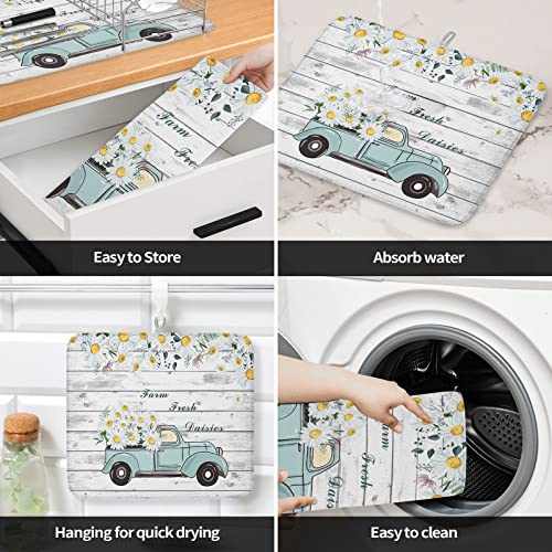 Dish Drying Mat For Kitchen Counter Absorbent Quick Drying Mat, Farm Fresh Daisies Blue Truck Fresh Pastoral Style Retro Wood Board Microfiber Drying Pad Countertop Protector, Easy To Hang- 18 X 24 #TOP3