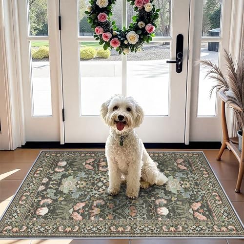 Washable 2x3 Entryway Area Rugs: Vintage Soft Floral Thin Doormat with Non Slip Backing Water Resistant Bathroom Laundry Rug for Kitchen Indoor Carpet for Bedroom Low Pile Floor Mat (2x3,Green)