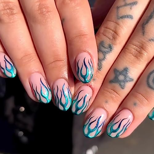 Flame Aurora Gradient Nails - 24pcs Blue Green Designs, Full Cover, Press On, Glue On, Artificial Nails for Women