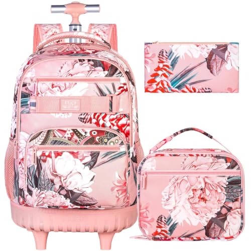 Image of 3Pcs Rolling Backpack for Girls Women, Travel Roller Backpacks with Wheels for Adults, Teens College Folwer Wheeled Bookbag with Lunch Box(Pink)
