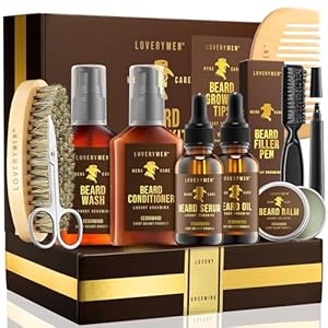 LOVERY Beard Care Kit – Gifts for Dad -12pc Complete Grooming Set in Cedarwood, Beard Balm, Wash, Conditioner, Oil, Serum, Beard Pen Birthday Gifts for Men Boyfriend Husband, Mens Gifts for Him