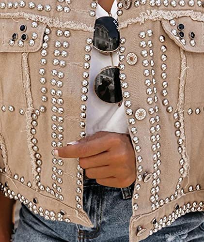 SOMTHRON Women's Cropped Rivet Studded Denim Jean Jacket Distressed Lapel Long Sleeve Rivet Trucker Coat4