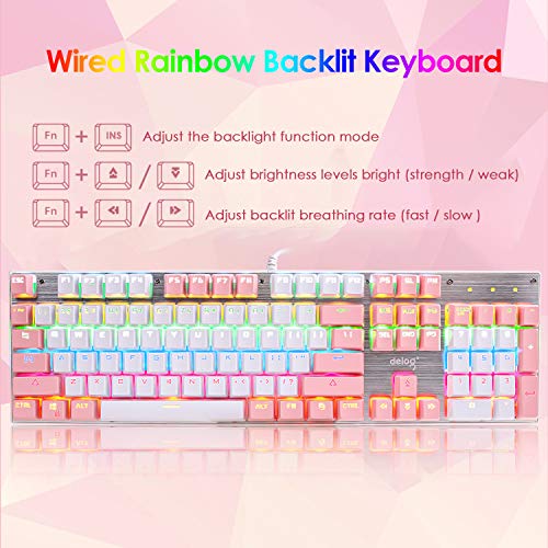 Tastiera meccanica di gioco cablata Switch blu 104 tasti LED RGB 9 Modalità di retroilluminazione Pannello metallico anti-ghosting Layout ergonomico di chiavi USB per giocatori For game Typist (Rosa)