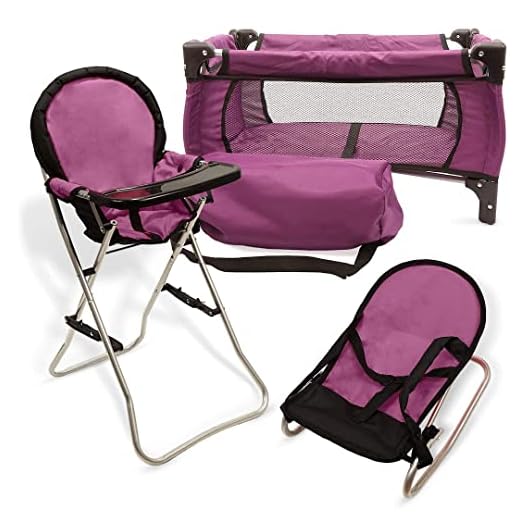Mommy & Me 3 In 1 Baby Doll Accessories Mega Deluxe Playset with Doll High Chair, Doll Bouncer, and Doll Pack N Play Baby Doll Crib, Fits 18 Inch American Girl Doll, Purple