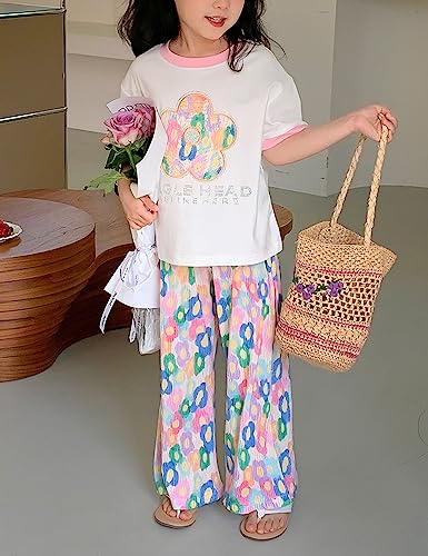 Image of Kiench Girls Wide Leg Palazzo Pants Pleated Silky Flowy Trousers Cute Print