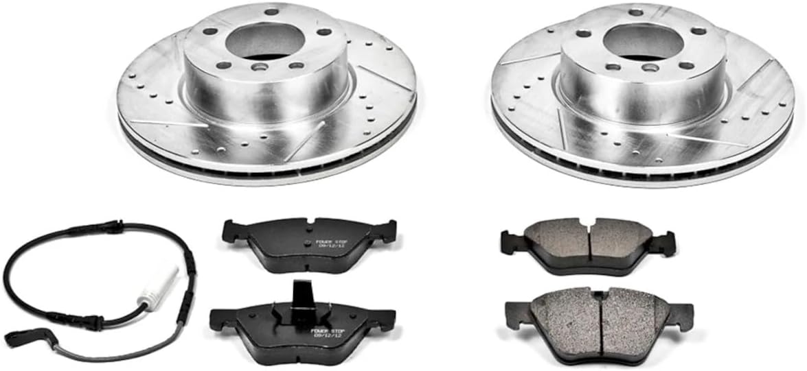 Power Stop K4590 Front Z23 Carbon Fiber Brake Pads with Drilled & Slotted Brake Rotors Kit and 1 Front Sensor Wire For BMW 328i 2007, BMW 328xi 2007 [Model Specific]