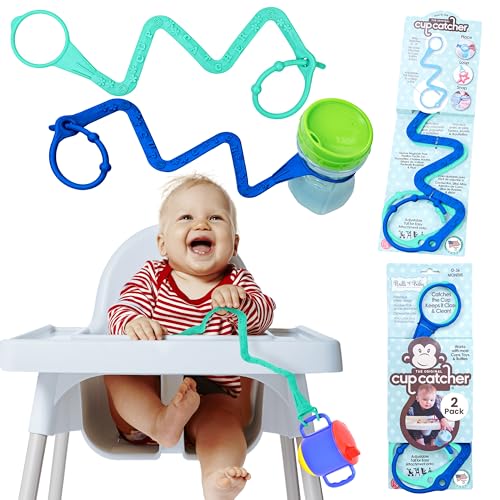 Image of Brilli Baby Cup Catcher - Patented Safety Tether to attach Sippy Cups, Bottles, Toys & Pacifiers to Strollers, High Chairs & Car Seats, Made in USA, Food grade, Dishwasher Safe - 2 Pack (Aqua & Navy)