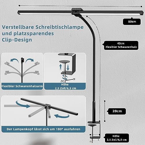 brightower Doppelkopf Schreibtischlampe LED Dimmbar, 24W 80CM Schreibtischlampe klemmbar für Homeoffice… – Ansicht 5
