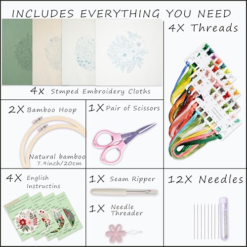 Image of Bonroy Embroidery Kit for Beginners with Instructions,Cross Stitch Kits for Adults with Pattern,Needlepoint Kits for Adult Include Embroidery Cloth Hoops Needles Threads (flowers5)