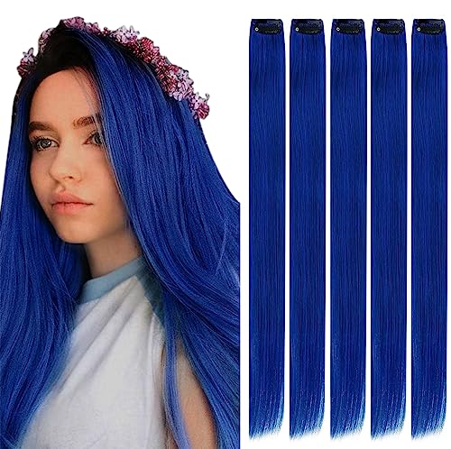 RUNATURE Blue Hair Extensions Clip in Hair 16 Inch Clip in Blue Hair Extensions Real Human Hair 5PCS 25gram