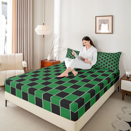 Image of Erosebridal Plaid Sheet Set Queen Green Black Checkerboard Bed Sheets Geometric Checkered Bedding for Kids Boys Girls,Aesthetic Grids Bed Sheets Set 4 Piece